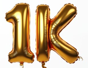 Shiny gold number 1K balloons float on white background. Celebrate big milestones like follower count growth or sales achievements. Great for social media success visuals.
