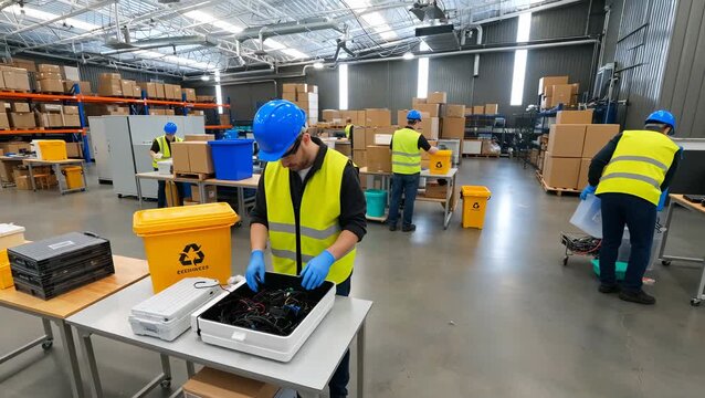 Workers in Safety Vests Recycling Electronics in Warehouse