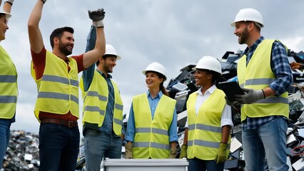 Team of Diverse Workers Celebrating Success at Recycling Facility