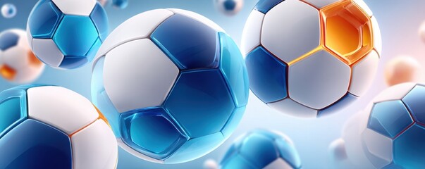 3D rendering of white soccer balls with hexagonal panels and glowing blue and orange accents
