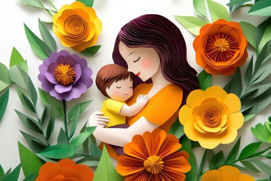Stylized paper craft depiction showcases a loving mother embracing her young child amidst colorful floral elements