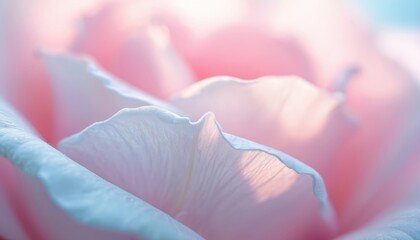 Macro shot of soft pink rose petals with delicate blue edges. Gentle light illuminates fine textures and curves. Abstract floral background conveys romance, beauty, and tranquility.