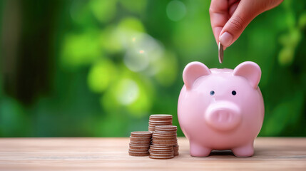 Hand placing coin into pink piggy bank