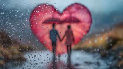 Couple hiding behind heart in the rain