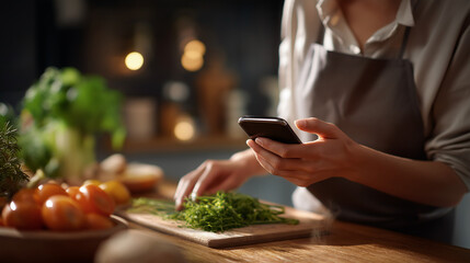 Defocused close up of buzzing phone on table while hands chop vegetables in background faceless choosing real life over alerts tech fatigue mindful cooking notification