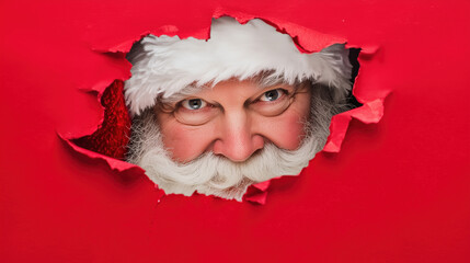 Claus looks through a red hole smiling