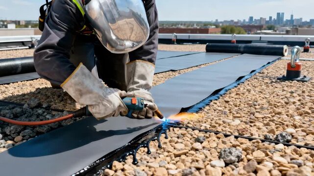 Skilled roofer handling welding equipment to bond overlapping membrane sheets on durable roofing materials