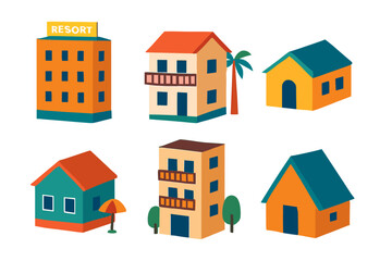 Fototapeta premium Collection of colorful resort and house icons for vacation and travel design projects