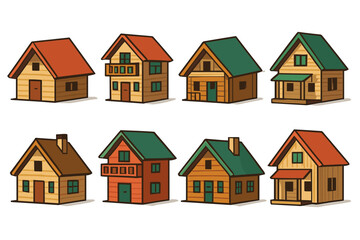 Charming collection of cartoon wooden houses with vibrant roofs for design and decoration projects