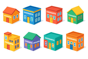 Fototapeta premium Colorful kindergarten buildings set for educational design projects