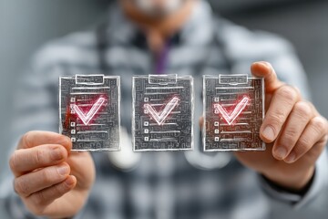 Doctor holds three transparent digital check icons with circuit patterns showing verified health checks