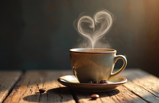 Hot coffee in cup on wooden table. Heart shape steam rises. Morning sun light, cosy cafe ambience. Brown coffee beans near mug. Drink for breakfast. Coffee time for relax. Aroma beverage. Calmness - Powered by Adobe
