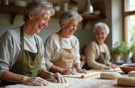 Three smiling elderly women with grey hair prepare dough in a bright kitchen classroom. They wear aprons while learning new cooking skills together, enjoying a social activity and making food.