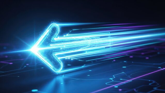 Glowing blue arrow moves left across dark digital circuit board background. - Powered by Adobe