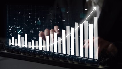 A business professional examines financial growth data using a digital chart showcasing an upward trend, highlighting success and innovation in a corporate setting. Copula