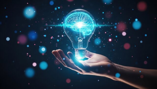 Hand holding glowing lightbulb with brain illustration and energy wave