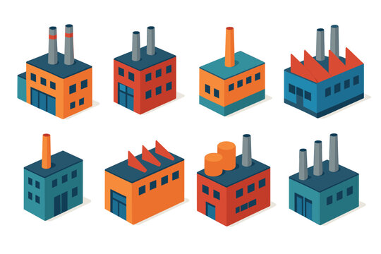 Isometric industrial buildings set for urban development and design projects
