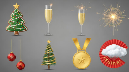 Christmas and New Year celebration with champagne christmas trees baubles sparklers and festival decoration on gray background