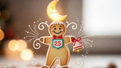 Festive gingerbread man cookie with crescent moon holiday cheer and warm background