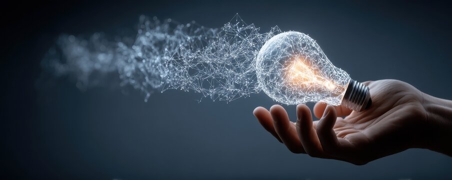 Hand holding a digital network light bulb symbolizing innovation, creativity, and connected technology in business