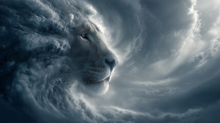 A powerful blizzard swirling in mid-air, snow forming the shape of a roaring lion emerging from the storm