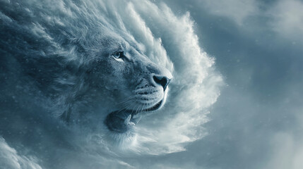 A powerful blizzard swirling in mid-air, snow forming the shape of a roaring lion emerging from the storm