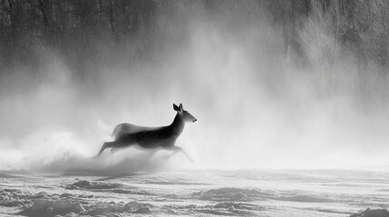 Icy wind twisting snow into a graceful deer silhouette galloping through the blizzard