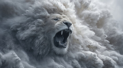 A powerful blizzard swirling in mid-air, snow forming the shape of a roaring lion emerging from the storm