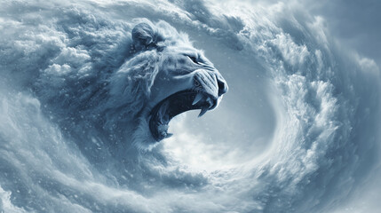 A powerful blizzard swirling in mid-air, snow forming the shape of a roaring lion emerging from the storm
