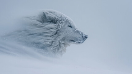Blizzard winds shaping snow into a howling wolf face glowing in the white haze