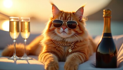 Ginger cat enjoys luxury yacht lifestyle. Feline wears sunglasses, gold chain. Champagne glasses stand beside. Luxury travel with pet, summer vacation at sea, relaxation concept. Funny fashion