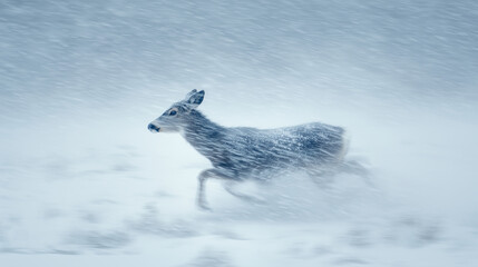 Icy wind twisting snow into a graceful deer silhouette galloping through the blizzard