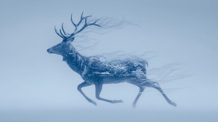 Icy wind twisting snow into a graceful deer silhouette galloping through the blizzard