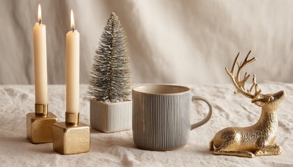 Warm glowing candles flank festive decor items on a light colored surface