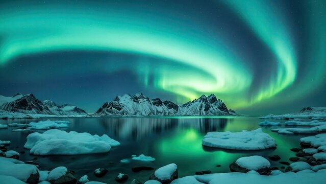 Aurora borealis over snowy mountains reflecting in dark water. - Powered by Adobe