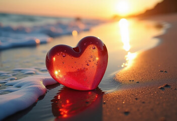 A resin heart rests on the wet beach sand, touched by the waves and illuminated by the golden light of sunrise. This image evokes feelings of romance and love