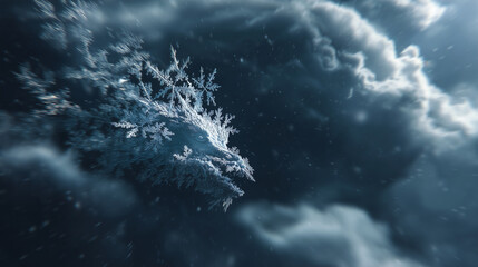 Snowflakes spinning into a mystical dragon made of ice and storm clouds