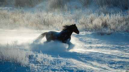 Whirling snow creating the silhouette of a running horse in frozen motion