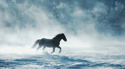 Whirling snow creating the silhouette of a running horse in frozen motion