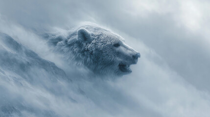 A snowstorm shaping itself into a massive bearâs head emerging from the swirling white fog