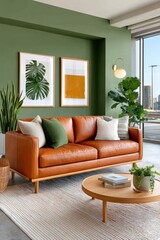 Modern living room with green walls and an orange leather sofa, plants, and framed art