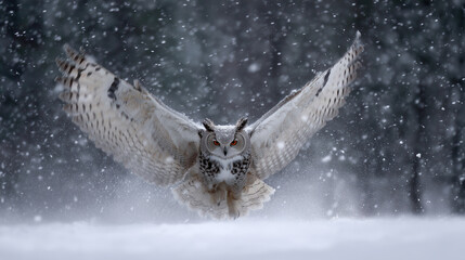 Blizzard winds forming a magical owl spreading snowy wings in the storm