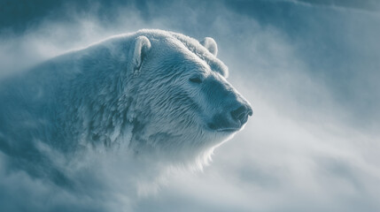 A snowstorm shaping itself into a massive bearâs head emerging from the swirling white fog