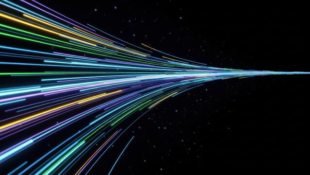 Abstract colorful light trails moving fast across a dark background.