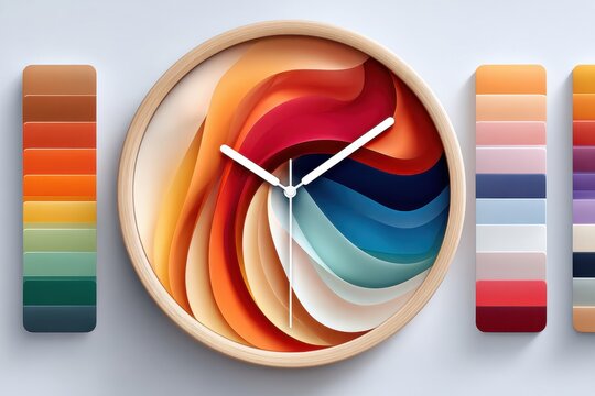 Color wheel clock with rainbow dial surrounded by color swatches for design and art concepts