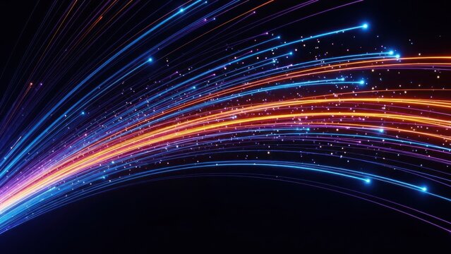 Abstract light trails moving fast across a dark background.