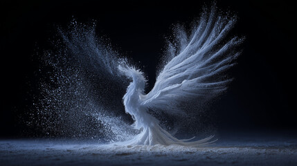 Whirling blizzard forming the figure of a soaring phoenix made entirely of snow particles