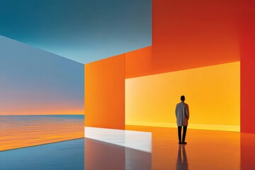 A person stands in the center of an empty, colorful architectural corridor at sunset