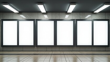 Clean modern subway station interior with blank advertising boards. Empty poster display area for commercial announcements. Minimalist design space for ad campaigns in public transit.