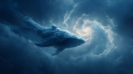 A blizzard forming the outline of a giant fish swimming through the sky